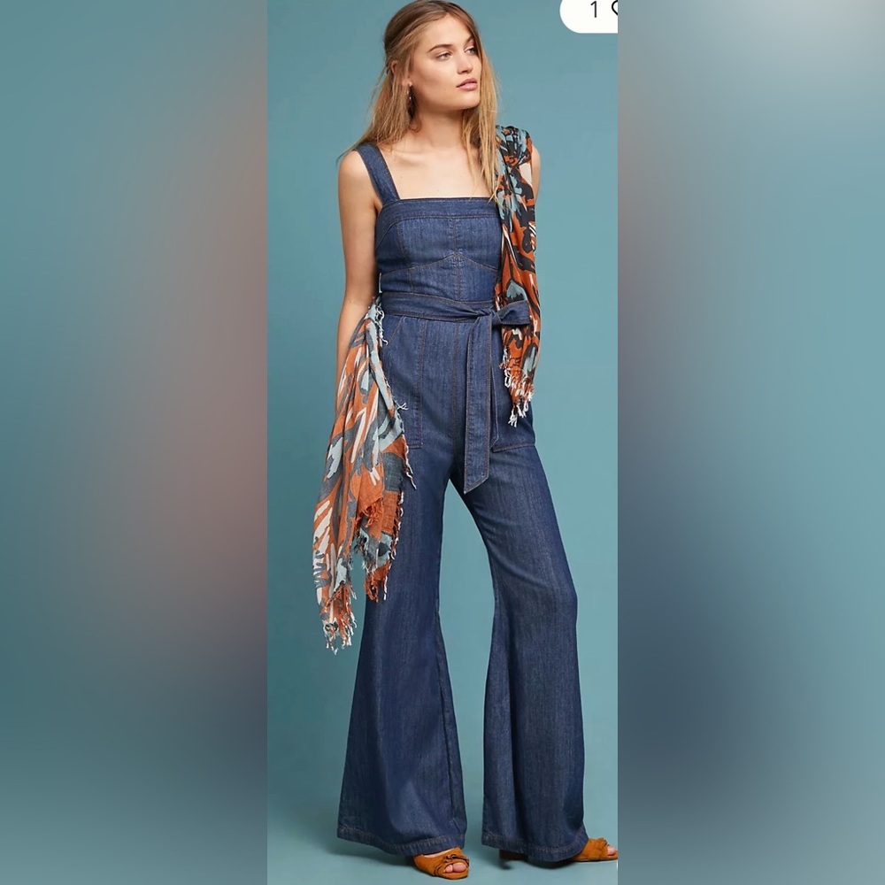 Anthropologie waist-tied denim jumpsuit